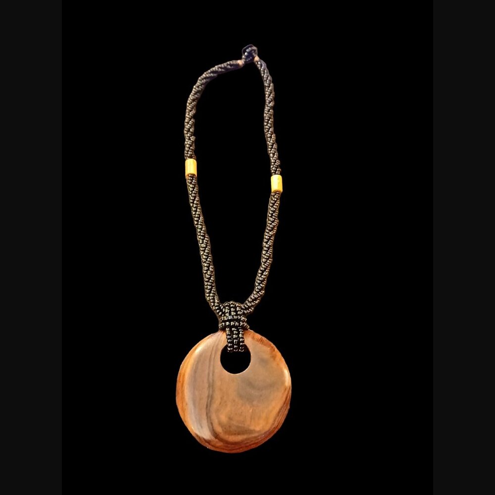 Boho Large Wooden Pendant Seed Bead Twisted Chain Pendant Necklace 25"